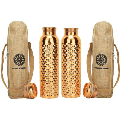 Gehamerd Puur Koperen Fles met Draagtas voor Drinkwater BPA-vrij Lekdicht Verhoogt Immuniteit, Ondersteunt Spijsvertering & Geïnspireerd door Ayurveda - 1 Liter