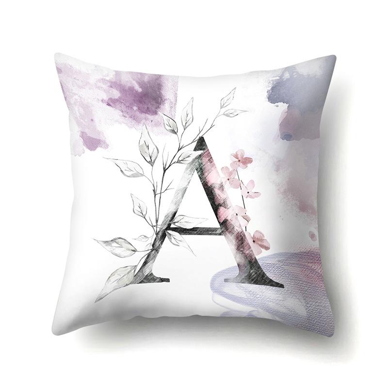 Polyester Pillowcase Home Watercolor Flower Print Pillowcase 26 English Letters Bedside Cushion Cover