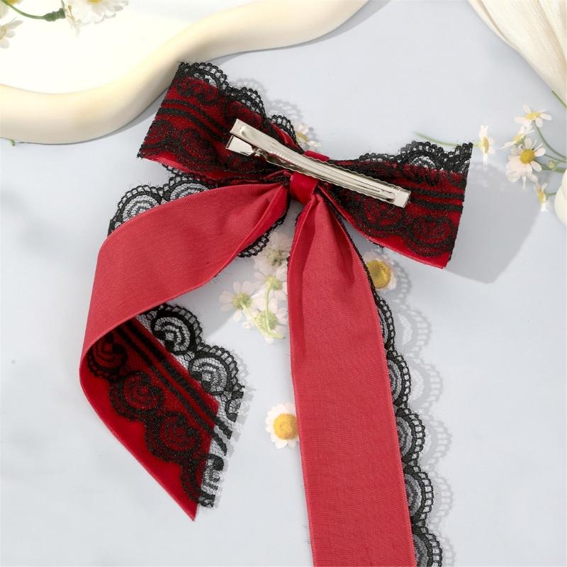 Sweet Cool Heart Lace Bowknot Hair Clip Handmade Silk Ribbon Comfortable Secure Barrettes For Women Black Red White