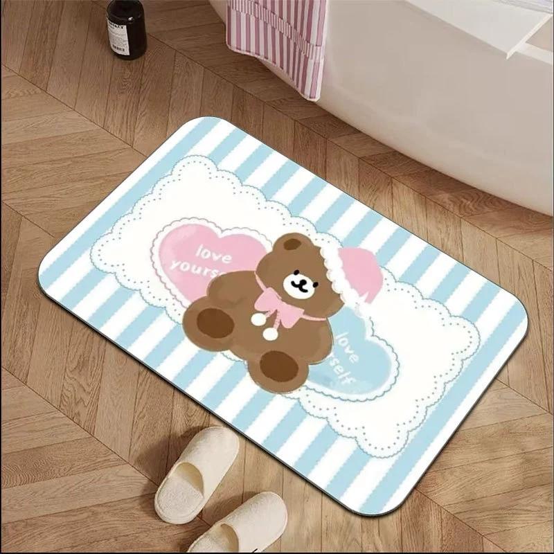 Frische Blaue Eingangstür Niedlicher Schleifenbär Teppich Wohnzimmer Schlafzimmer Küche Rutschfeste Matte Heimdekoration