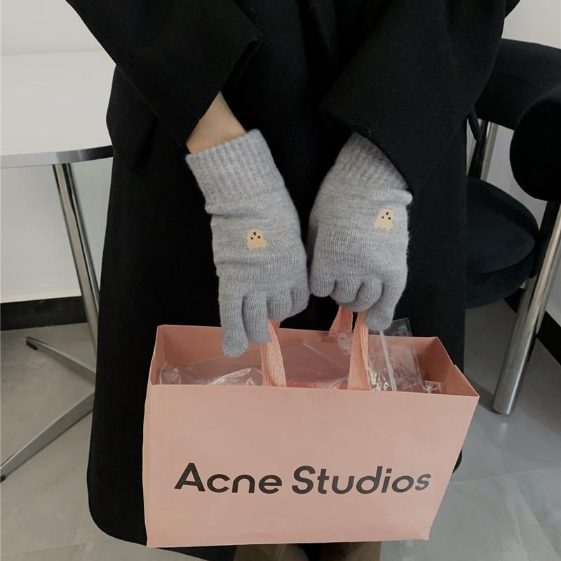 Women's Wool Gloves In Autumn and Winter Korean Cute Bear Embroidery Knitted Touch Screen Student Warm Riding Gloves Windproof