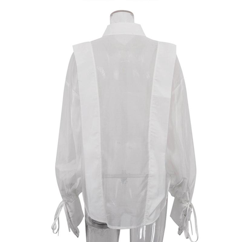Solid See Through Women Shirt Commut Wear Lapel Long Sleeve Single Button Lace Up Female Blouse 2025 Spring Summer Elegant Office Lady Top