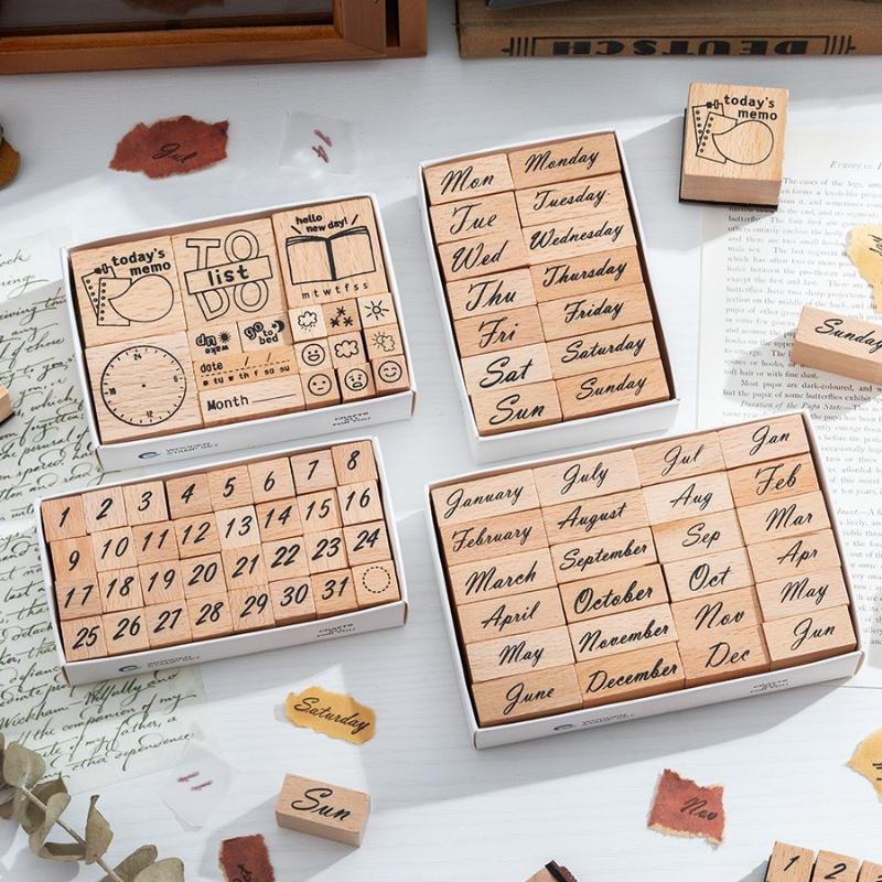 Office School Supplies Wooden Time Seal Set Box Week and Month Digital Handbook Cross Border Date Planning Time Assorted Stamp