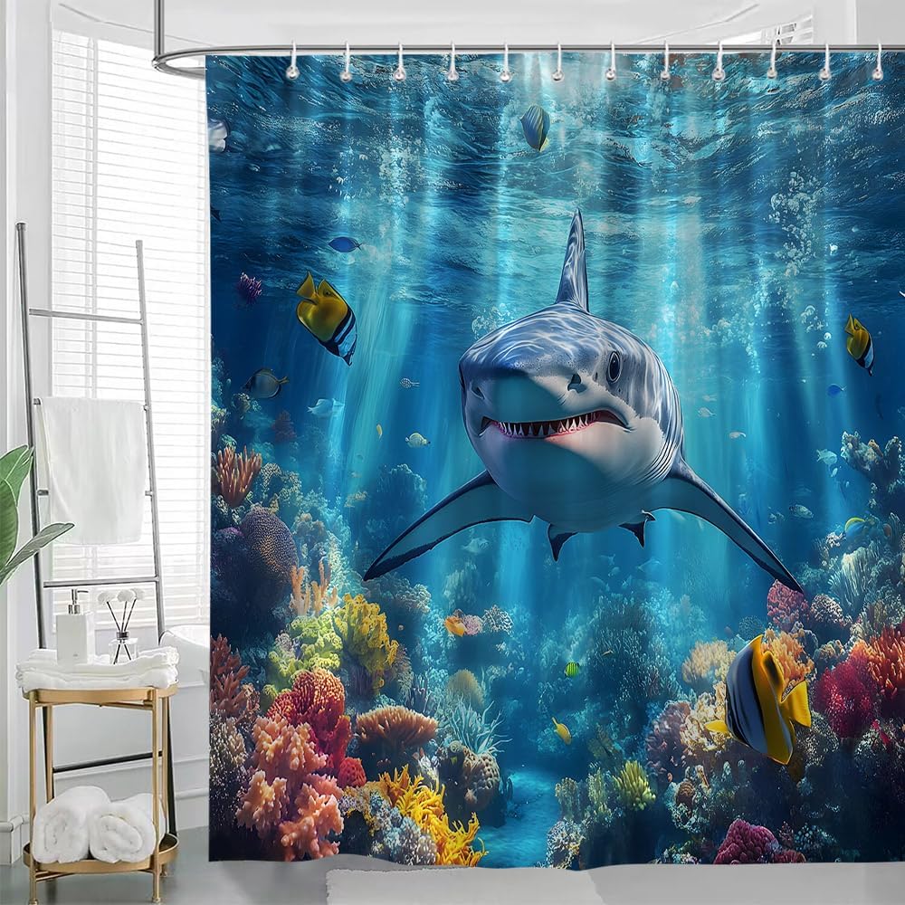 Žralok Sprchový závěs 3D Mořské Divoké Zvíře Oceán Moře Podmořský Svět Ryby Modrá Vlna Fantazie Mořské Koupelnové Dekorace Závěsy s