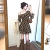 French Plaid Slanted Shoulder Long-sleeved Dress Women's Autumn New Beautiful Temperament Waist Thin Ruffle Edge Short Skirt