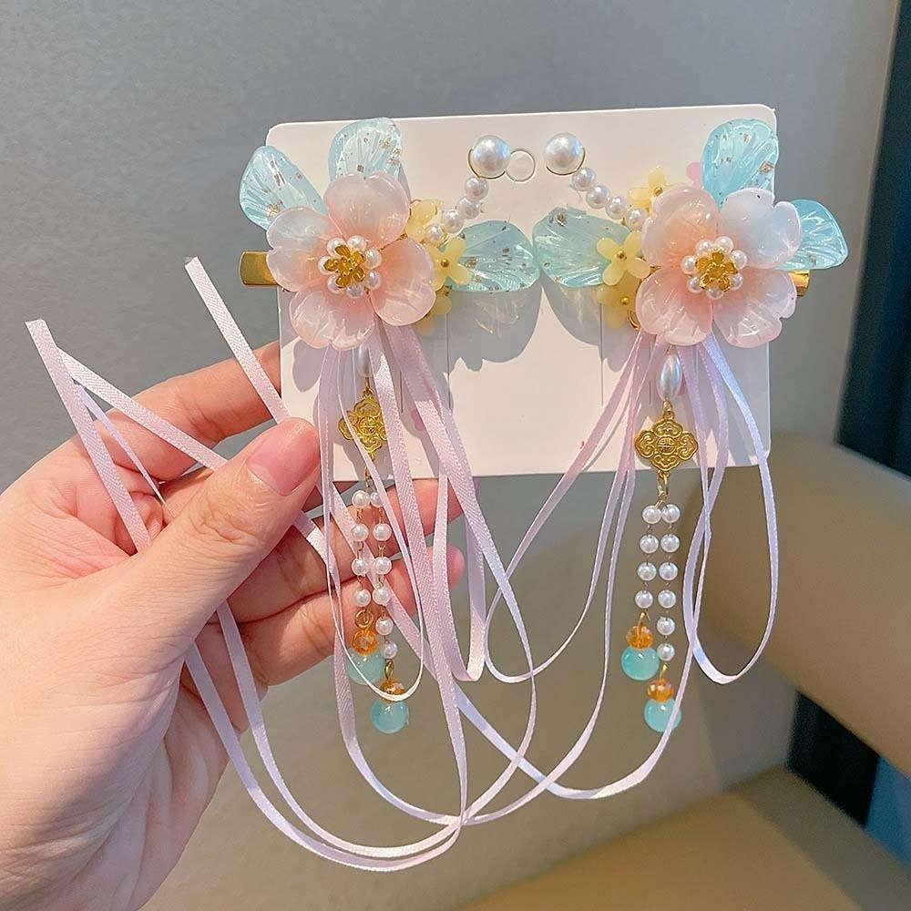 1 Pair Double Clip Hanfu Hair Clips Vibrant Color Floral Tassel Pearl Bunny Hair Clips Secure Grip Delicate Craft Fairy Hairpins
