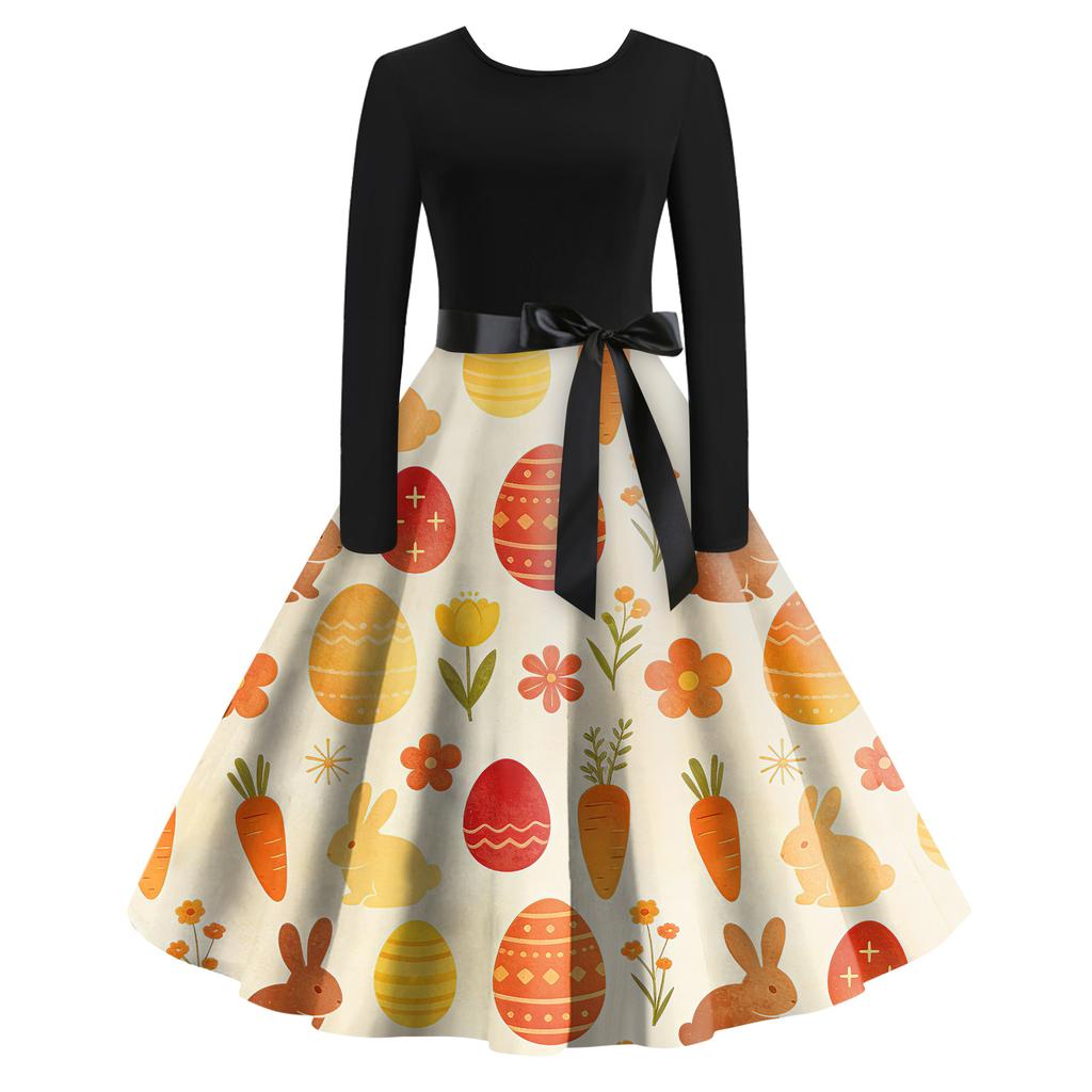 Rochie Retro cu Imprimeu de Crăciun, Casual, de Modă pentru Femei, cu Gât Rotund, Mâneci Lungi