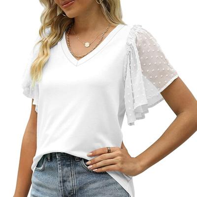 Solid Color V-neck Spliced Ruffles Short Sleeve Blouse Casual Loose Office Lady Shirt Women Shirts 2023  Summer Clothes 26147