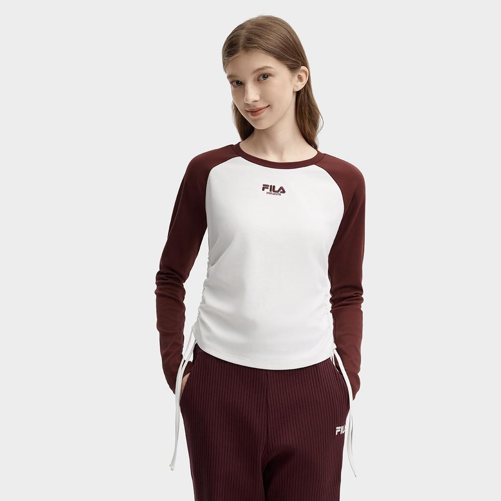 Fila Simple Color Blocked Raglan Fitted Comfortable Versatile Casual Long Sleeve T-Shirt Women Tops Terracotta Brown F11W439205FBN