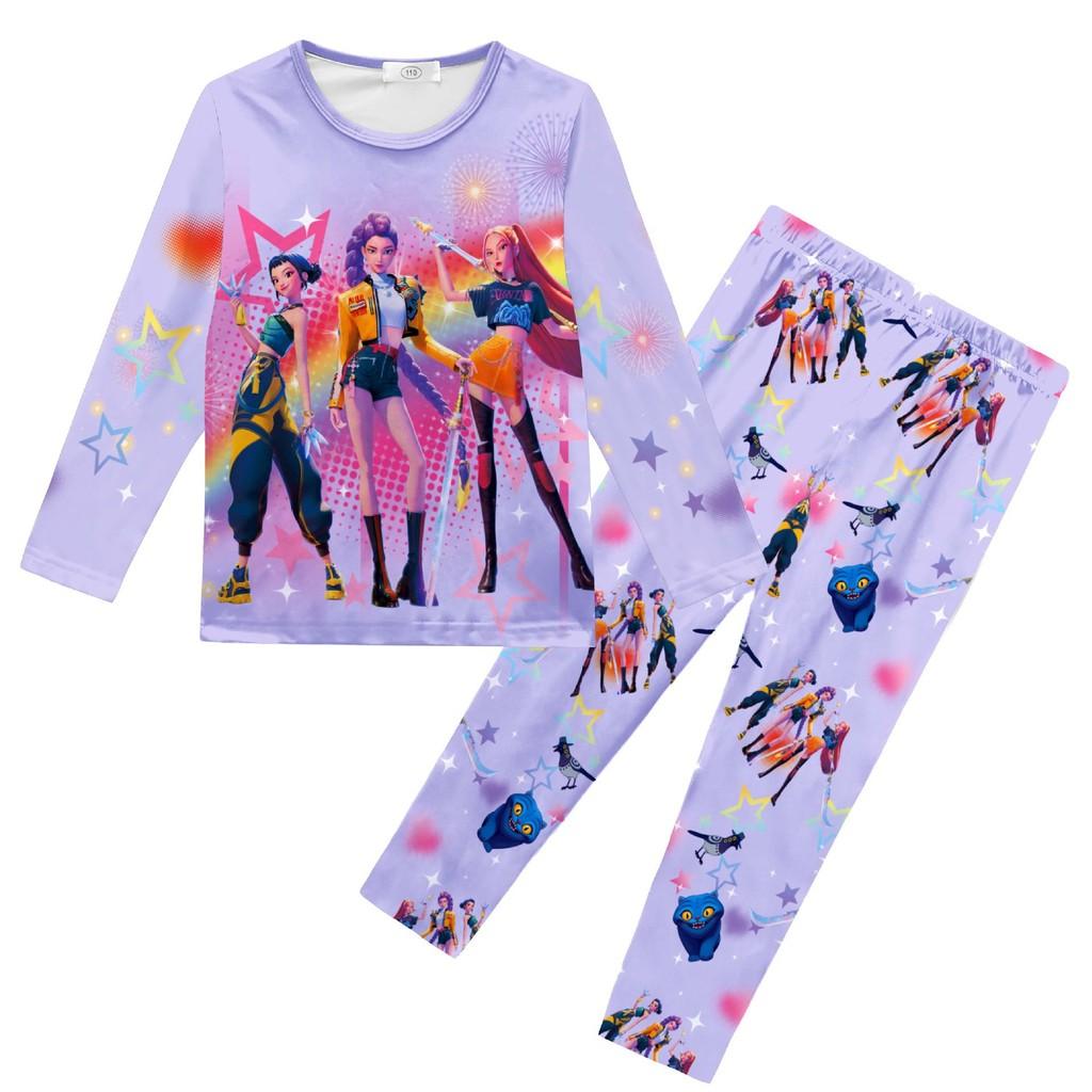 Kids Girls K-POP Rumi Mira Zoey Print Long Sleeves T-Shirt Top Pants Trousers Pajamas Sleeping Sleepwear Sets