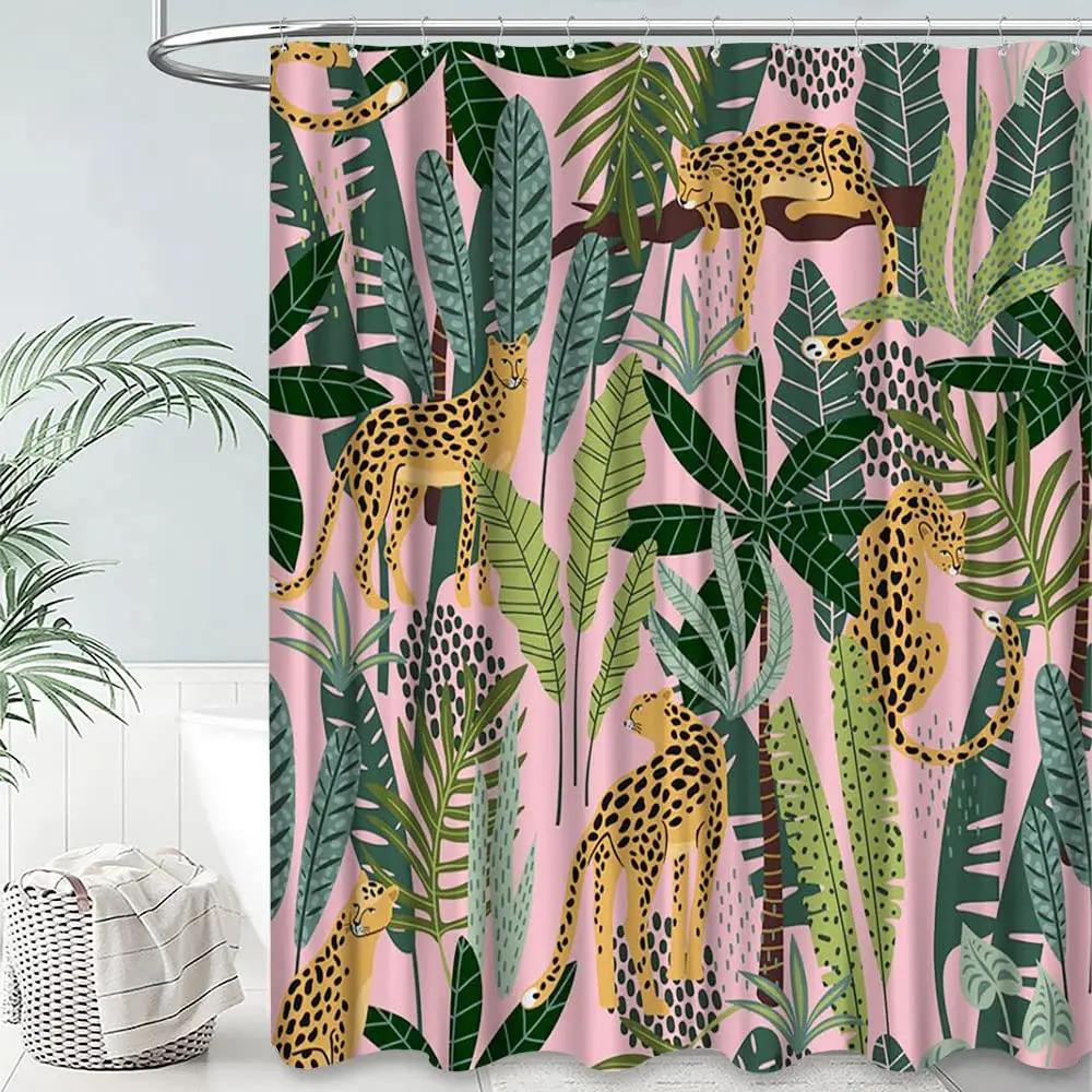 Boho Cheetah Shower Curtain,Tropical Leopard Wildlife Bath Curtain,Modern Pink Aesthetic Moon Phase Blue Floral Bathroom Curtain