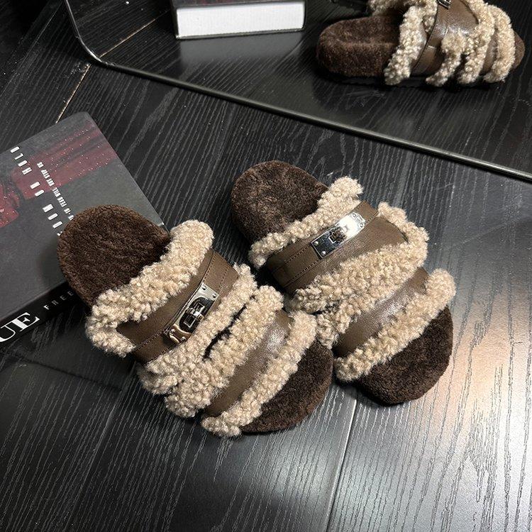 

[Youshilai] Mao Mao slippers women s outer wear 2025 new thick-bottomed muffin super-foreign one-word cotton slippers 40 коричневый