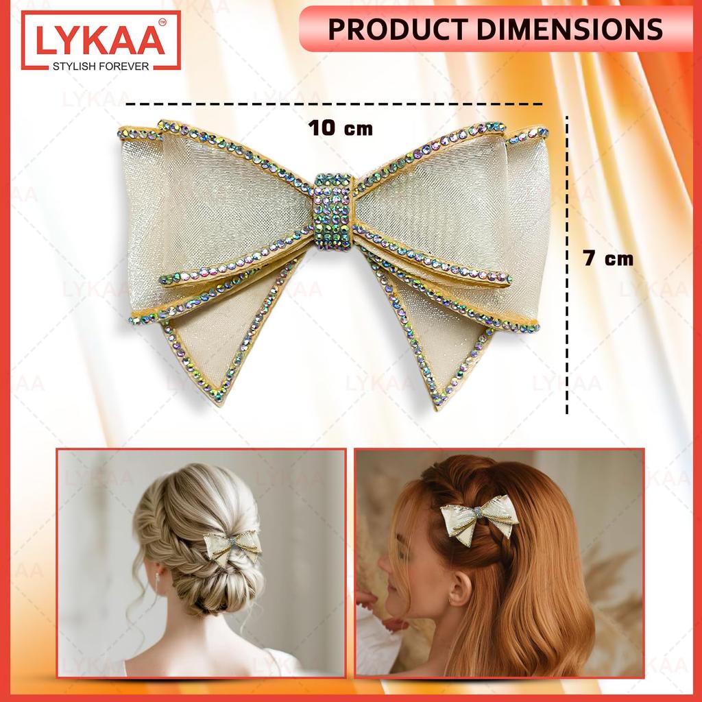 Lykaa 1 Pc Rhinestone Bow Hair Clip for Women & Girls | Elegant Net Fabric Bow Barrette | Stylish Latest Crystal Hair Barrettes Hair Accessories (G