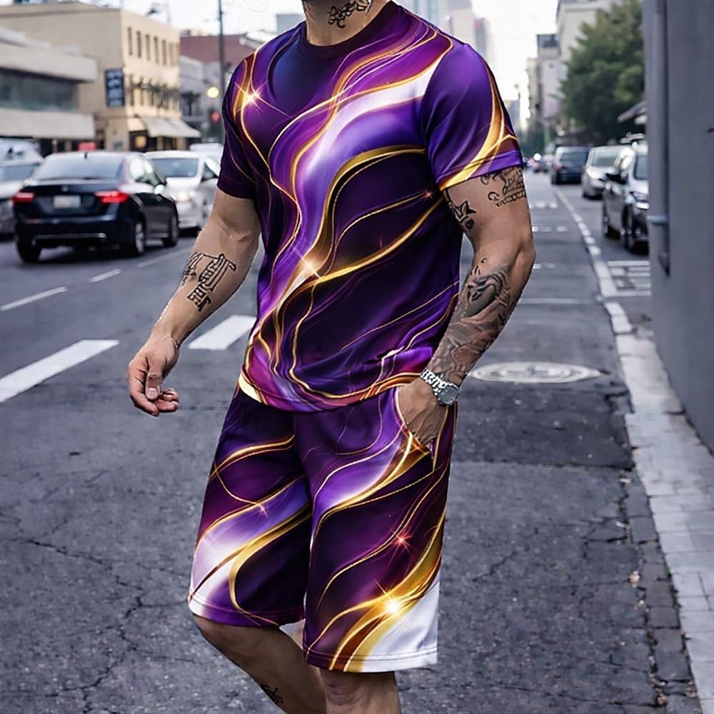 Men's Geometic 2pcs Tees sets Summer Tops Short Sleeve Short Pants Casual Daily Vacation 3D Print Summer Blue Red Purple