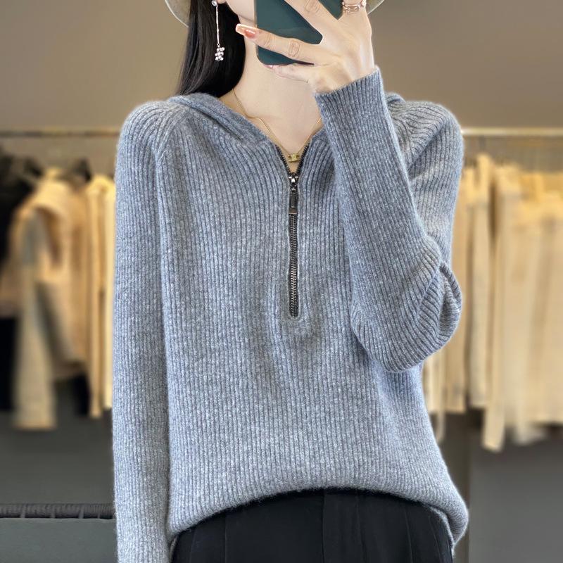 Women's Ribbed Wool Hooded Half-Zip Knit Sweater for Autumn/Winter Outerwear