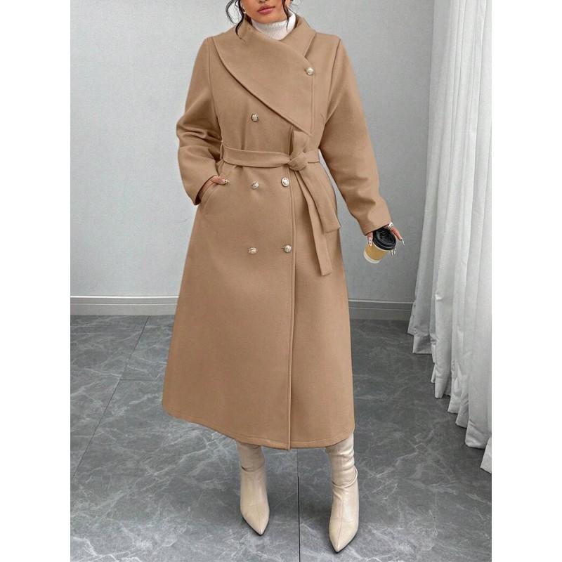 Womens Oversized Wool Blend Coat With Double Breasted Buttons Asymmetrical Collar Winter Warm Long Outerwear
