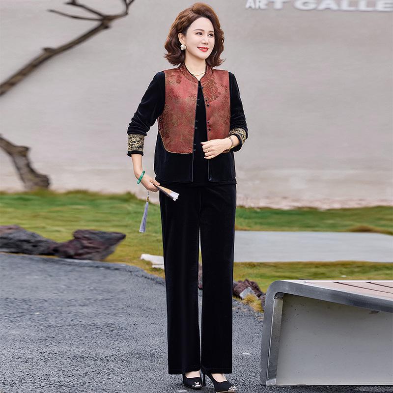 

Elegant Spring/Autumn Three-Piece Set: Stylish Chinese-Style Vest & Top for Middle-Aged Women 3XL [120-135 lbs]