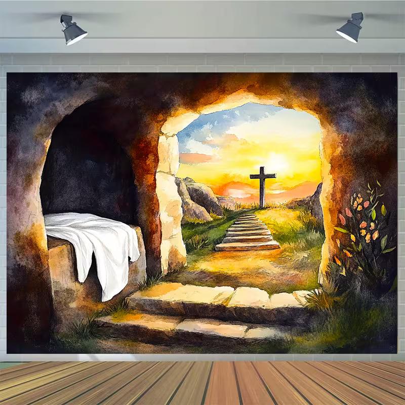 2D Easter Church Backdrop, Watercolor Empty Tomb & Cross Banner for Christian Worship Events