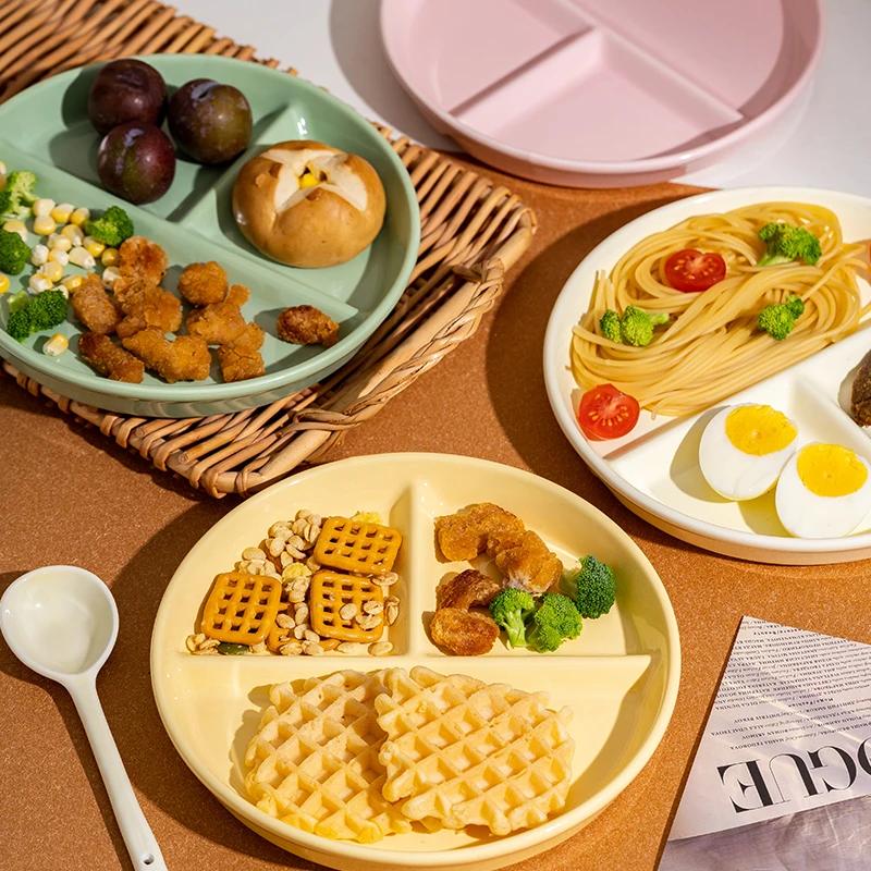 Runde Dreifach-Gitterplatte Keramik 211 Fettreduzierende Gitterplatte Frühstück Separate Teller Erwachsene Kinder Gewichtsverlust Obstplatten