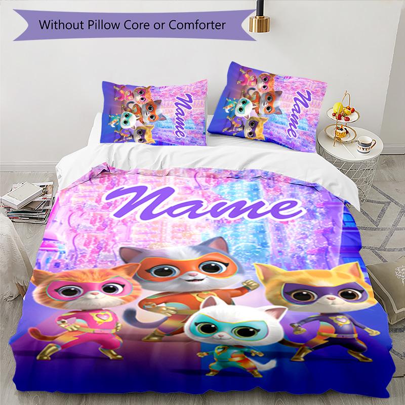 3pcs Super Kitties Adventures1 Cover Set - Personalized Name, HD Printed Bedding with 1 Cover and 2 Pillowcases - Perfect for Home Decor, Easy C