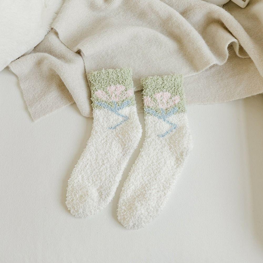 

Thick Flower Ruffle Trendy Tulips Pattern Female Socks Coral Velvet Middle Tube Korean Style Socks J