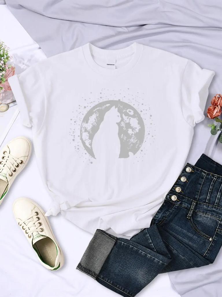Casual Womens TShirts Moon And Cat Silhouettes Prints Short Sleeve Soft ONeck Comfortable Tops Summer Cartoons FeUnisex Clothes
