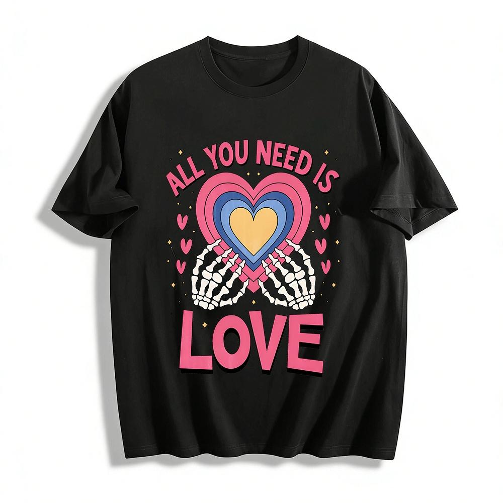 All You Need Is Love Skeleton Hand Heart Print Casual Tee Pure cotton T-shirt XXS