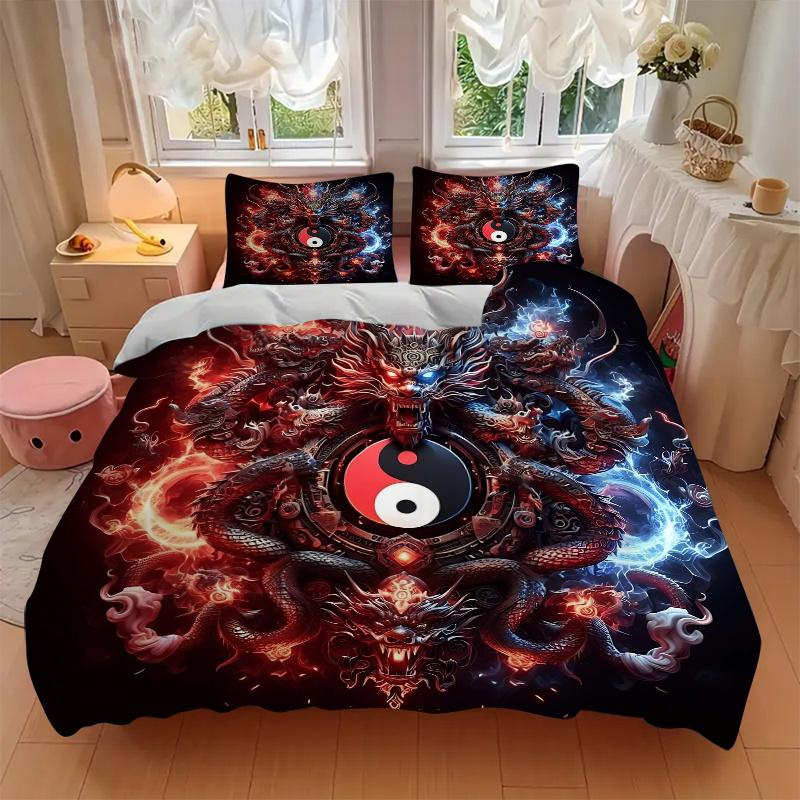 3pcs Fire and Ice Yin Yang Dragons Bedding Set - Includes Quilt Cover and Pillowcases, Suitable for All Seasons,