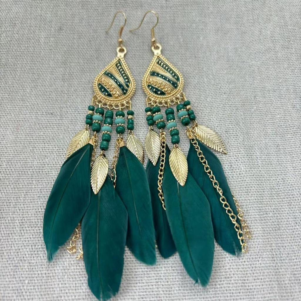 Vintage Bohemian Feather Tassel Earrings Exaggerated Ethnic Vacation Dangle Ear Jewelry Fashion Accessories For Women