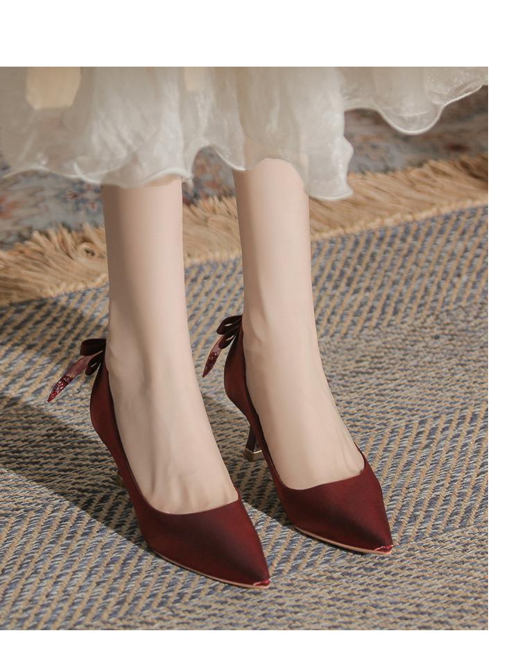 Women's High Heel Bow Shoes - Wine Red/Black (Autumn/Winter Collection)