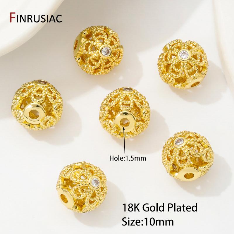 

18K Gold Plated Brass 10mm Hollow Spacer Beads,Separators For Beads,Inlaid Zircon Round Beads For DIY Jewelry Making Findings 2 pieces