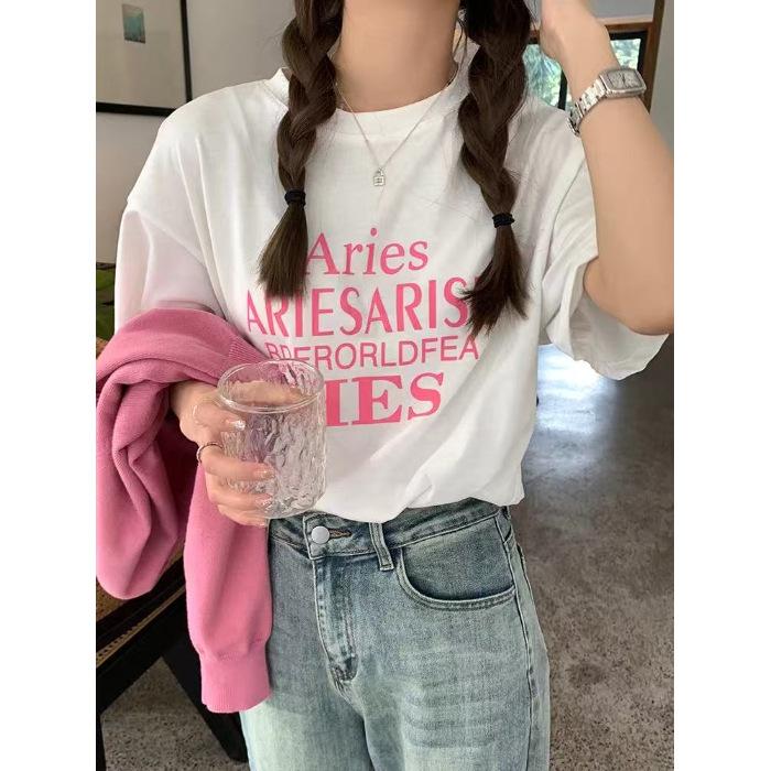 Korean retro lazy crew neck letter short-sleeved t-shirt women s 2026 summer new loose casual premium printed top M