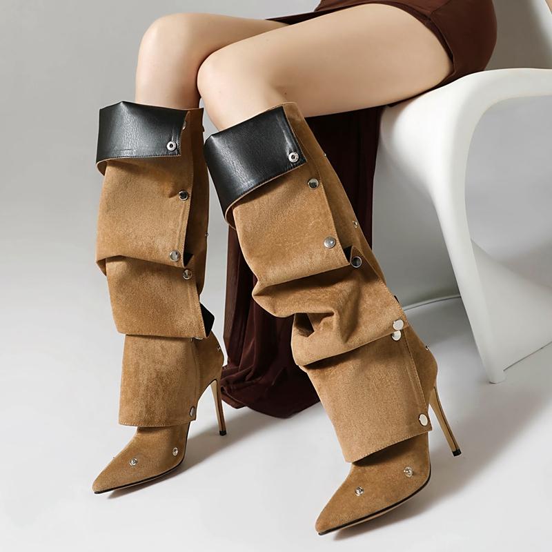 Fashion Women's new spring and autumn pointed fashion runway, metal rivets, pleated frosted velvet high heels, plus knee high boots