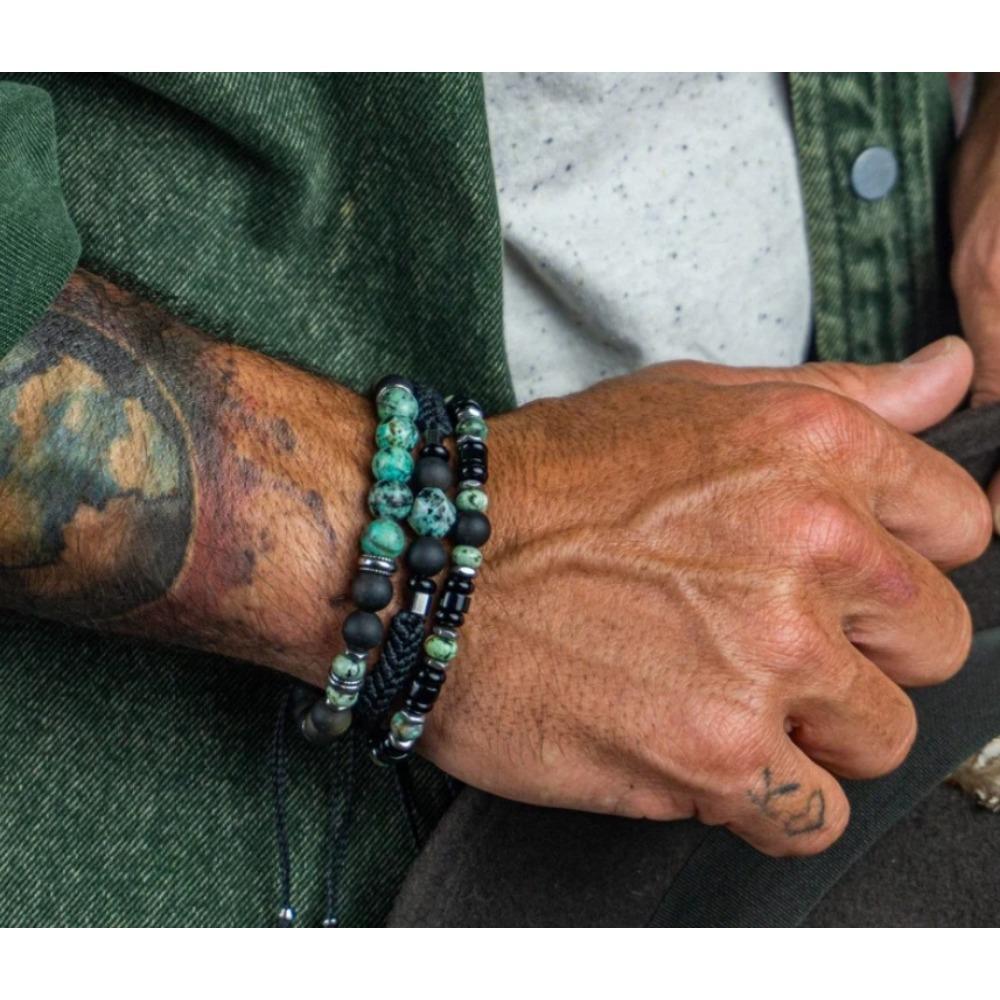 Vacation Style Stacked Bracelet Retro Men's Beaded African Pine Black Agate Woven Elastic Bracelet Women