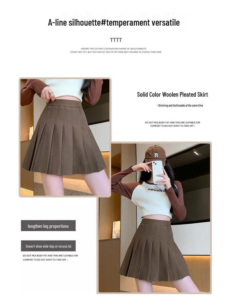 High-Waist A-Line Pleated Wool Skirt - Women's Autumn/Winter, Slim Fit, Plus Size, Korean Style, Short/Midi Length.