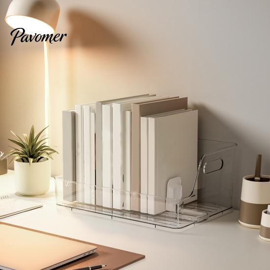 Home Office Document Tray Sliding Action Bookend, Clear Book Stopper, Space Saving Organizer for Desktop Acrylic And Bookshelf Storage, Transparent