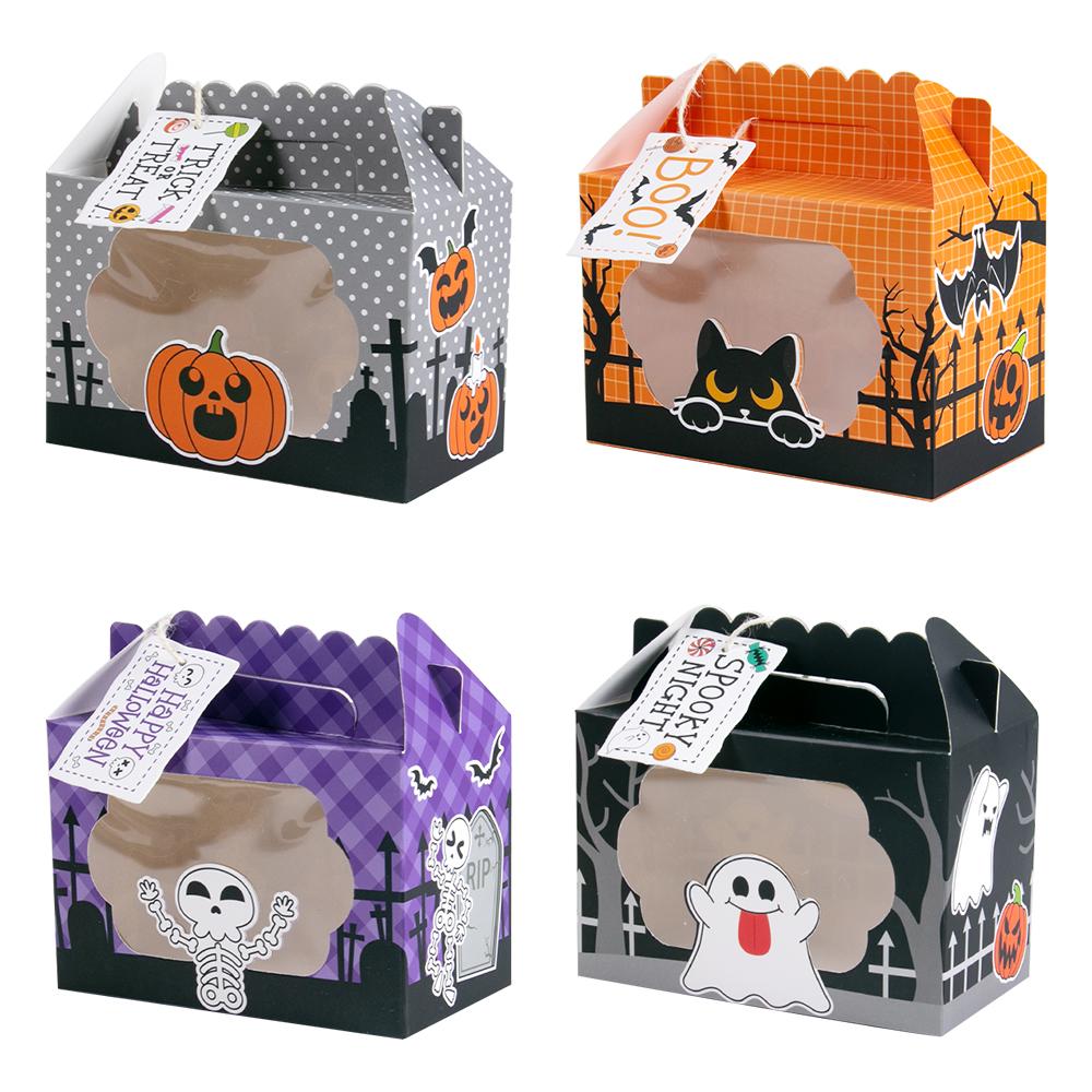 

4pcs Halloween Kraft Paper Treat Boxes with Clear Window gift tags Halloween Party Bakery Candy Box Trick or Treat Kids Gift box 16x9x14cm