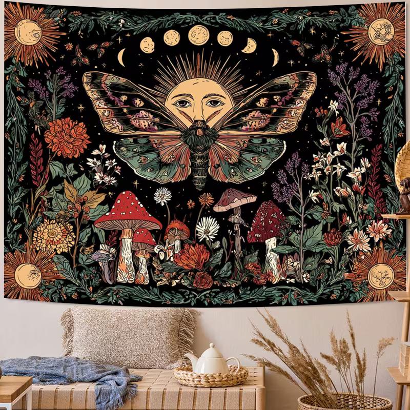 2D Moth Moon Phase Tapestry Sun Floral Mushroom Wall Hanging Decor