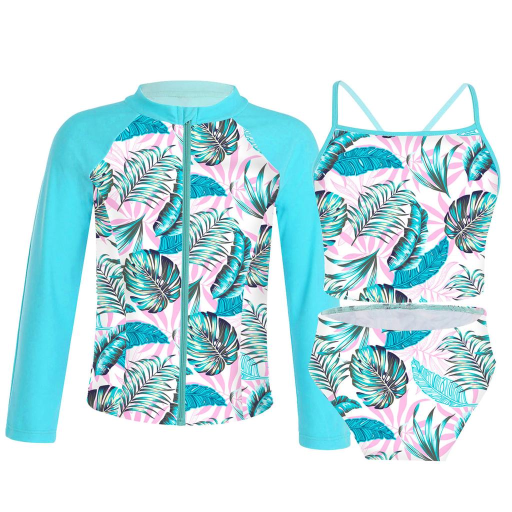 Girls 3 Piece Swim Set Sleeveless Top Briefs Long Sleeve Coat Front Zipper Sun Protection Beach Swimwear