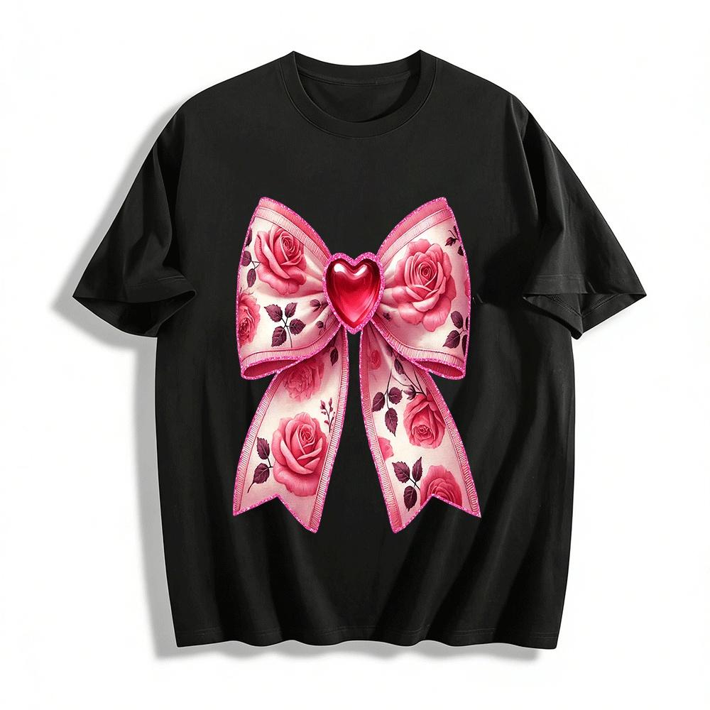 Vintage Rose Print Heart Bowknot Casual Top For Women Pure cotton T-shirt XXS