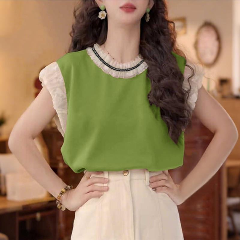 

ZANZEA Женская повседневная летняя футболка с круглым вырезом, без рукавов, с кружевной вставкой L зелёный