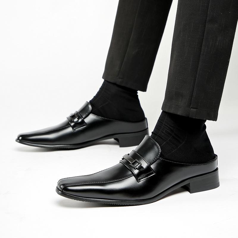 Fashion Summer 2024 New Leather Shoes Men's Breathable Half-leather Slippers Business Formal Shoe Cover Foot One Pedal Lazy Shoes Office