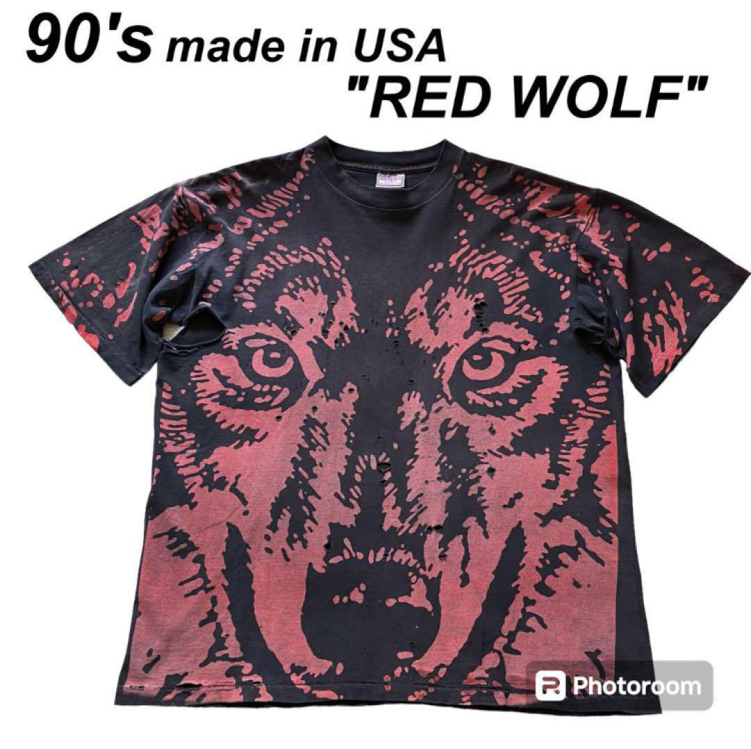 

[USED] Faded and distressed 90 s USA-made RED WOLF t-shirt, ink black, size XL