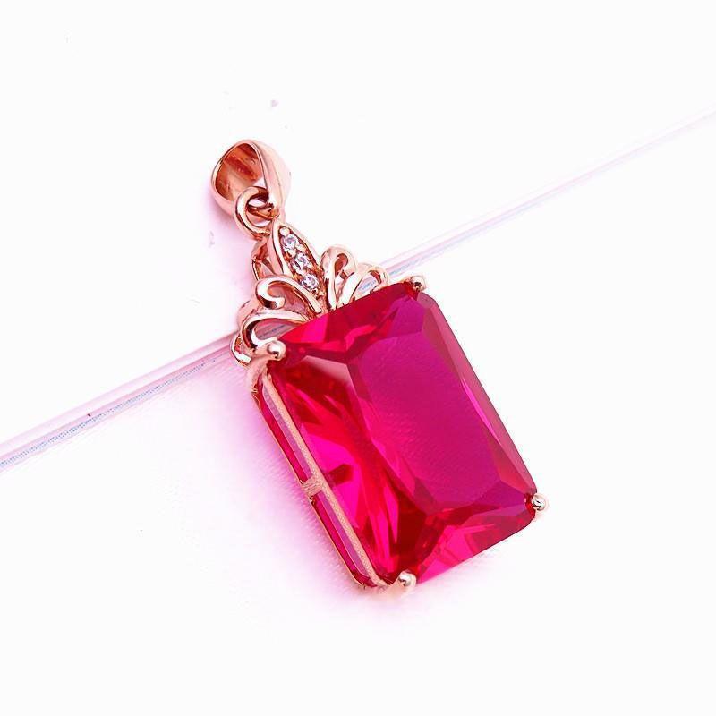 Exquisite Russian Rose Gold Plated Purple Gold Fashion Classic Luxury Inlaid Square Redstone Pendant Set Chain Collarbone Chain