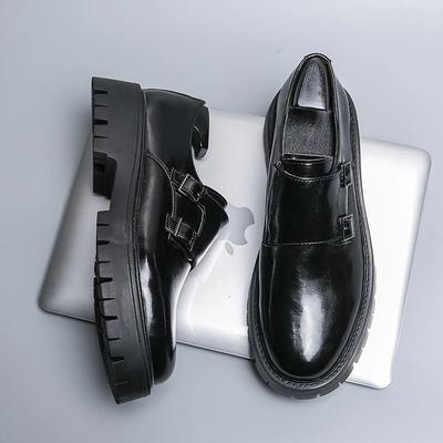 Nuove Scarpe da Uomo Punta Tonda Pelle PU Nera Doppia Fibbia Piattaforma Maschili Scarpe Eleganti Tacco Chunky Vintage Scarpe da Festa Scarpe Formali da Uomo