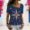 Women Plus Size Asymmetric Neck Short Sleeve Top Red Blue Mandala Star Glitter Patriotic Art Print