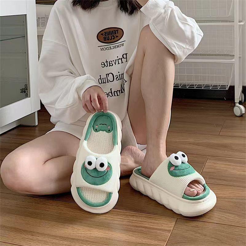 Linen Slippers Indoor Women Breathable Indoor Home Non-slip Cartoon Couple Four Seasons Slippers Men