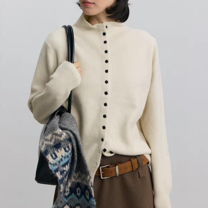 Women's Pure Wool Stand Collar Button-Up Cardigan - Loose Slim Fit Knit Base Layer Top with Long Sleeves for Autumn and Winter