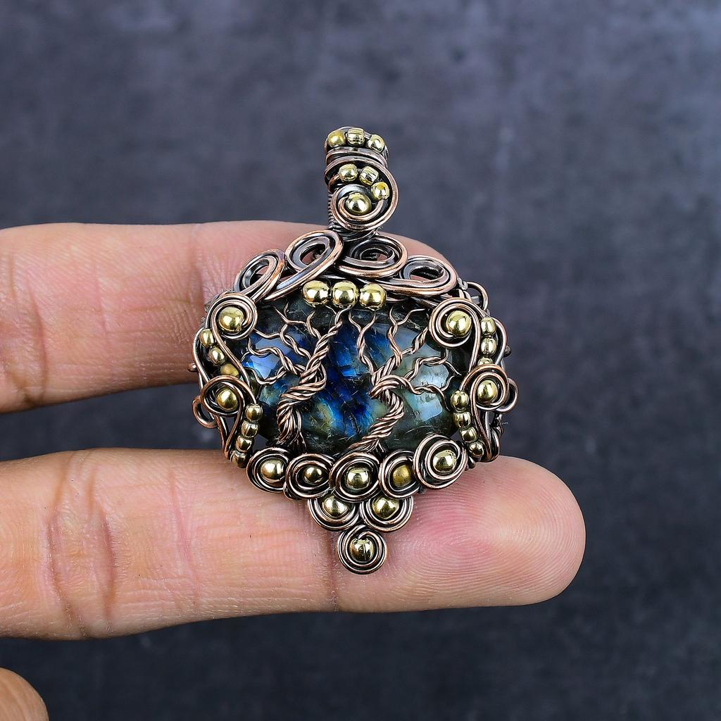 Natural Labradorite Gemstone Copper Wire Wrap Jewelry Pendant 2.05" Q8s12