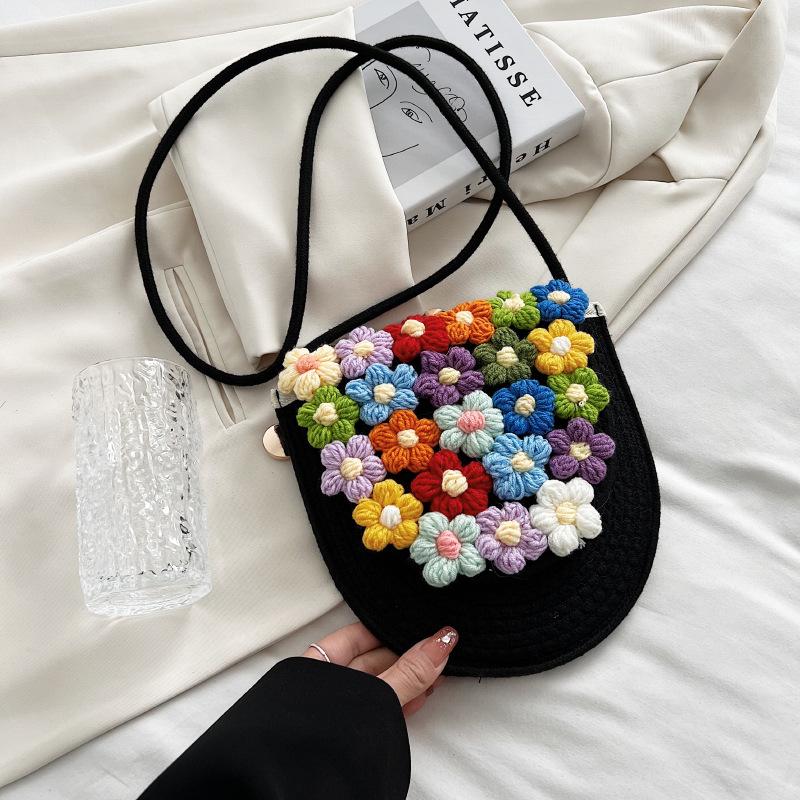 

Flower Hand Woven DIY Knitted Bag Women Cotton Woolen Daisy Bag New Shoulder Messenger Bag Rural Style Crochet Bags 2025 New чёрный